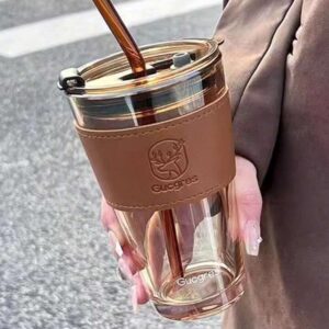 Reusable Glass Coffee Sipper Tumbler with Lid & Straw